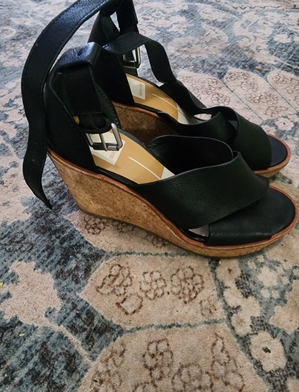 Dolce Vita Black Cork Wedge Sandals with Ankle Wrap